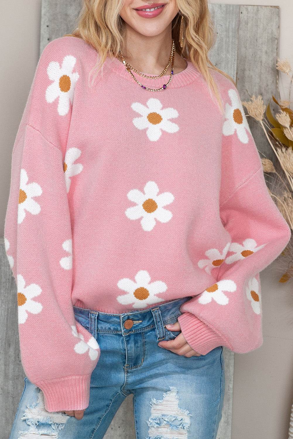 Pink 60s Floral Pattern Drop Shoulder Pullover Knit Sweater