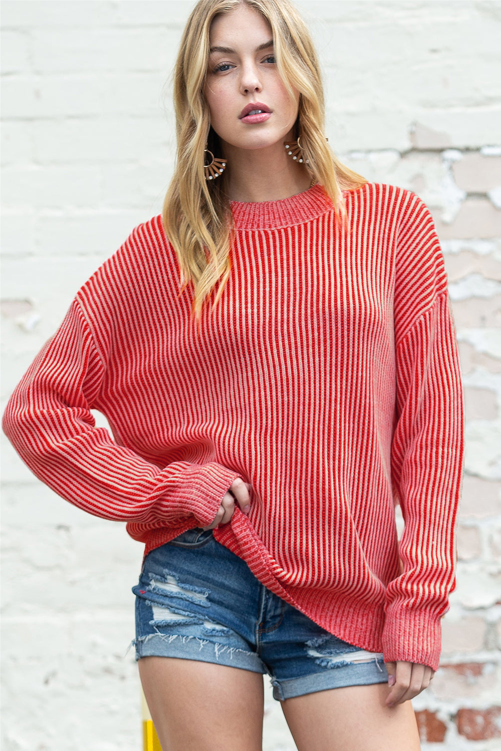 Black Stripe Ribbed Drop Shoulder Sweater