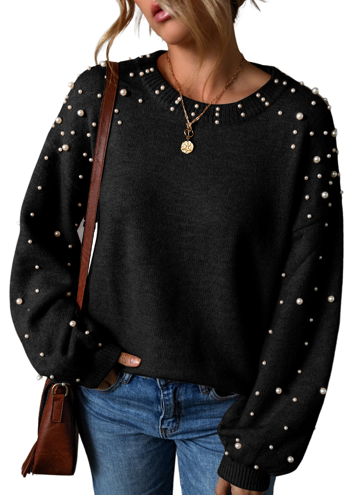 Smoke Gray Pearl Drop Shoulder Round Neck Sweater