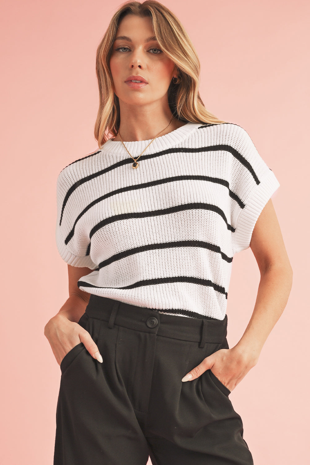 White Striped Pattern Batwing Short Sleeve Knit Sweater