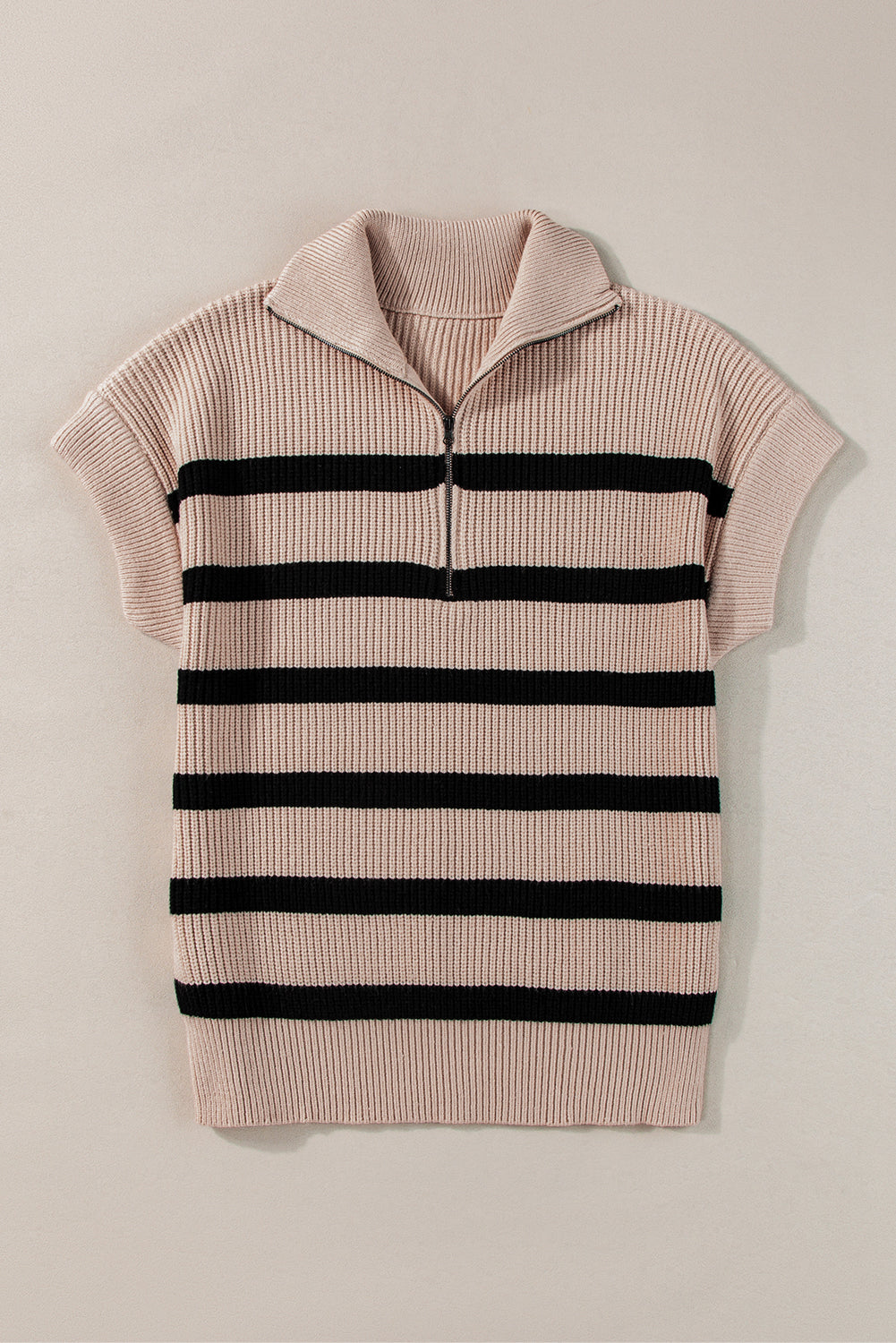 Khaki Stripe Zipped Collar Short Sleeve Knitted Top