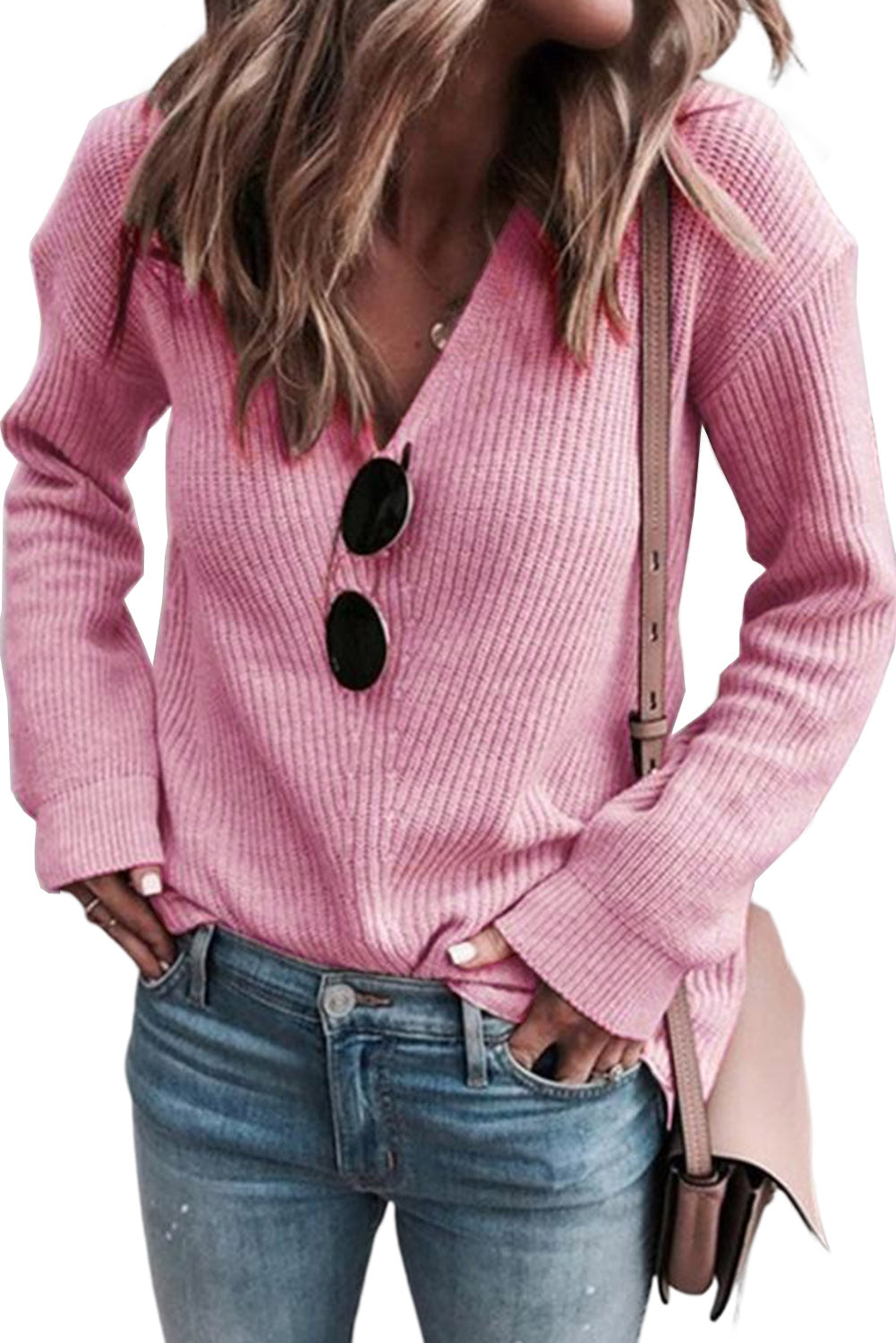 Pink Basic Ribbed Knit V Neck Sweater