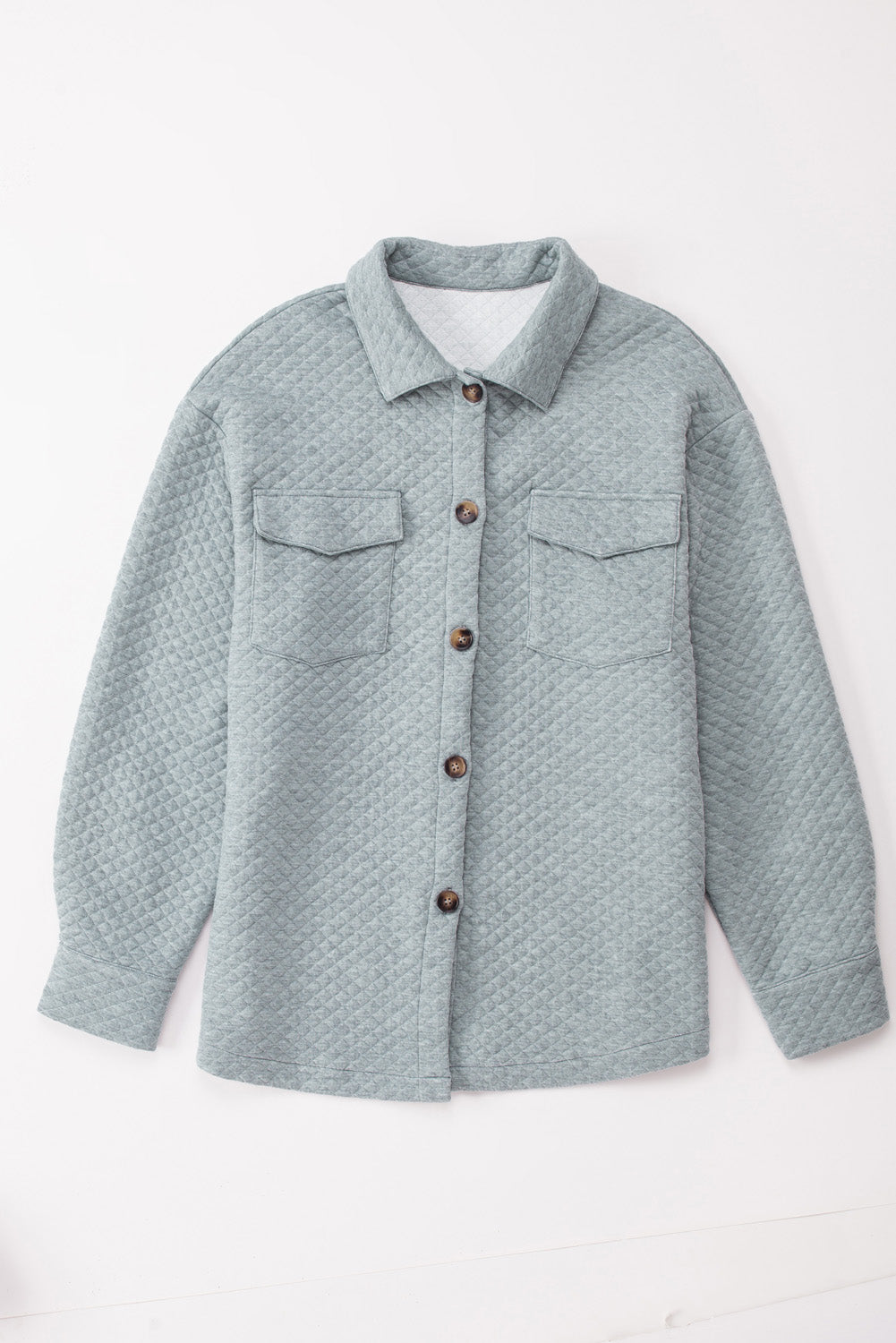 Green Lattice Texture Pockets Button Up Quilted Shacket