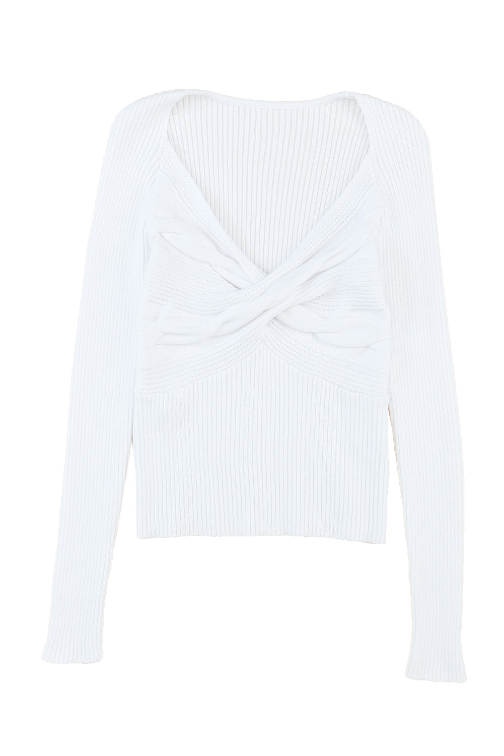 White Basic Cable Crossed V Neck Sweater