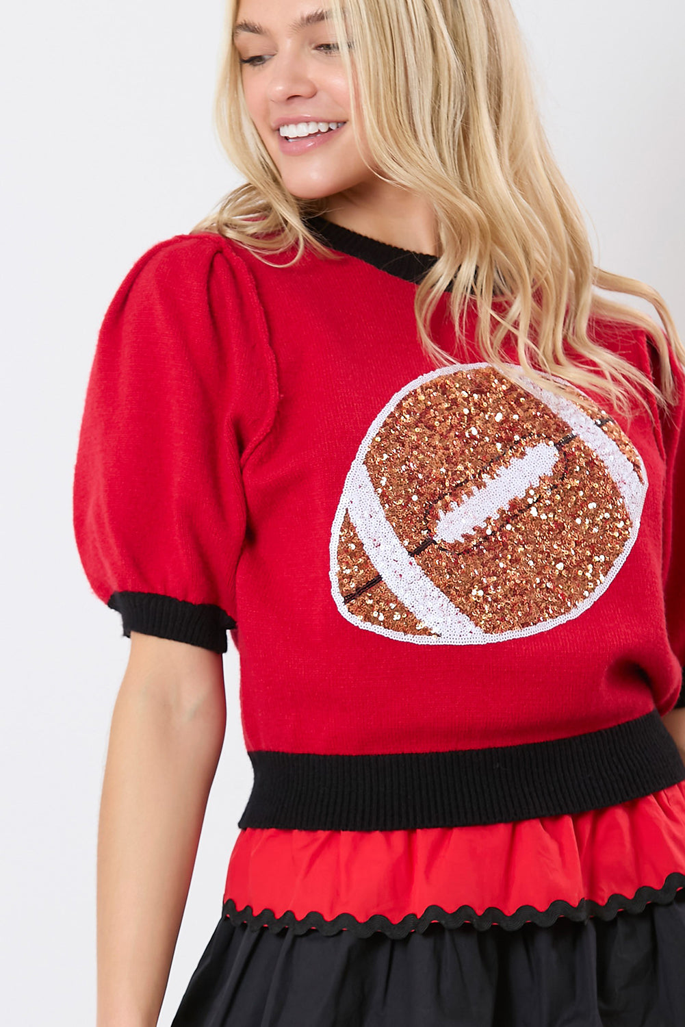 Red Sequin Rugby Color Block Puff Sleeve Knit Top