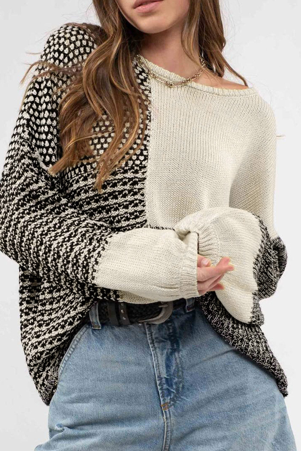 Black Patchwork Tie Back Drop Shoulder Knit Sweater