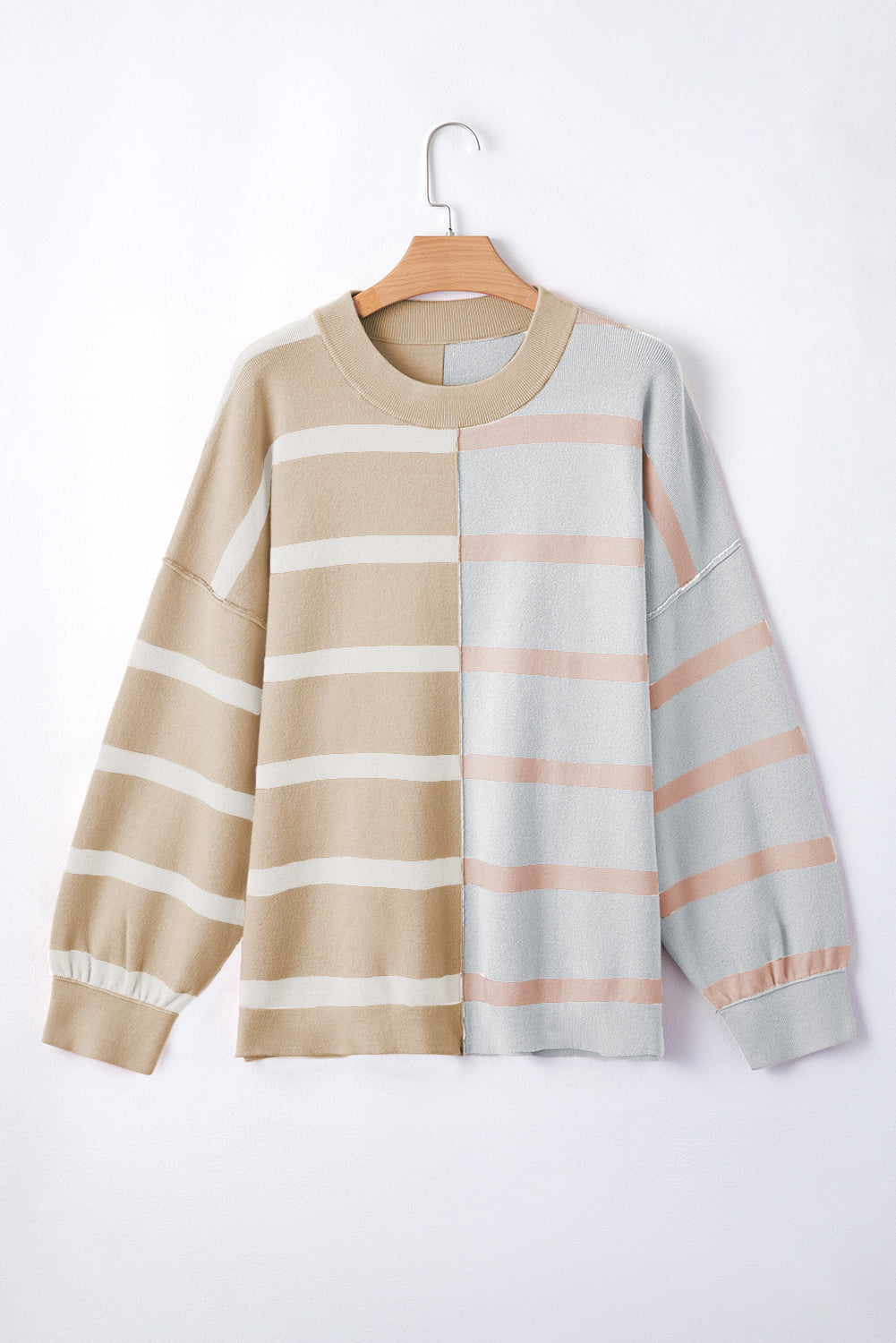 Pink Striped Colorblock Drop Shoulder Sweater