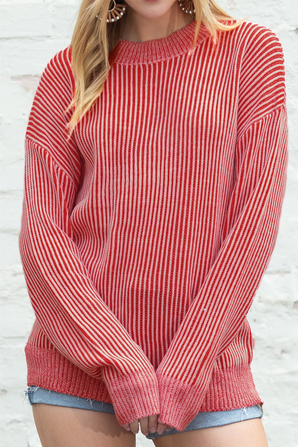 Black Stripe Ribbed Drop Shoulder Sweater