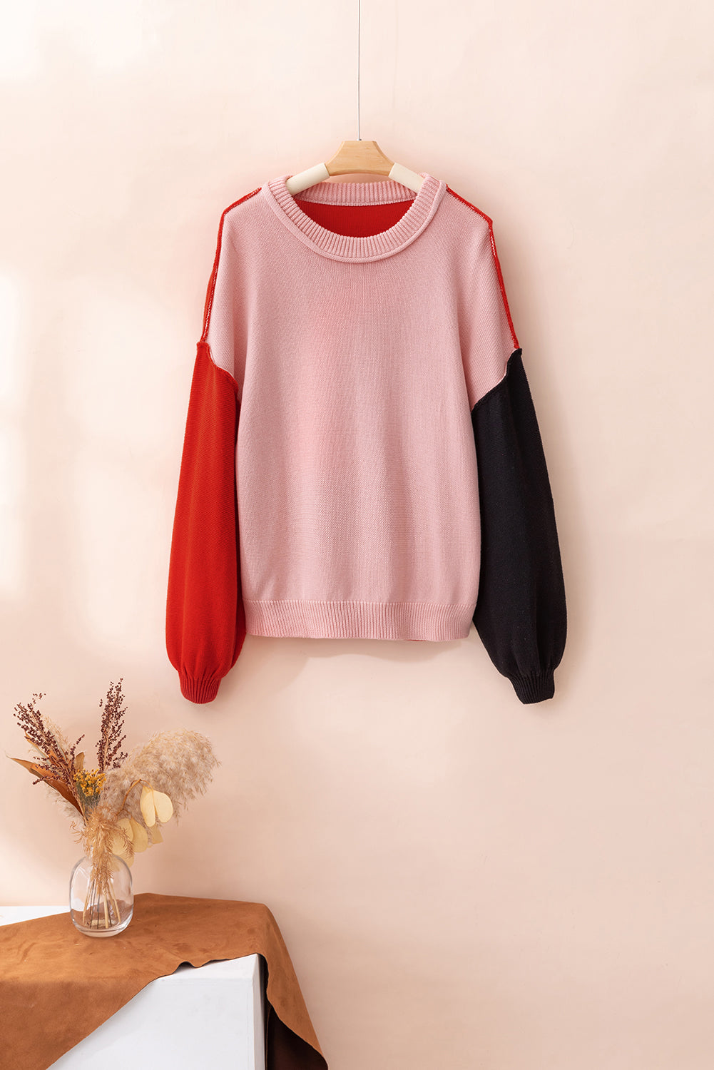 Black Colorblock Bishop Sleeve Exposed Seam Ribbed Trim Sweater