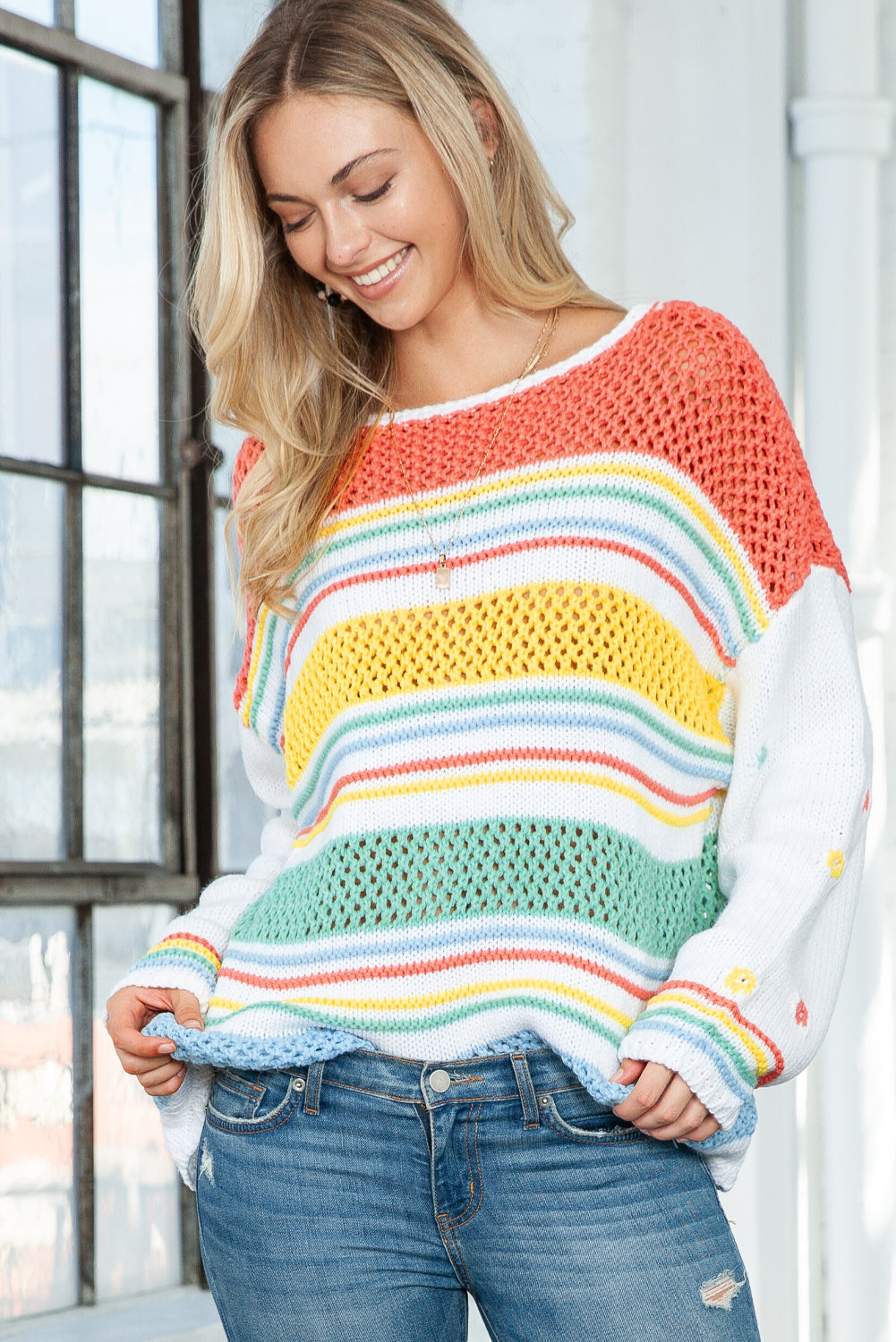 Multicolor Knitted Long Sleeve Pullover Crew Neck Sweater