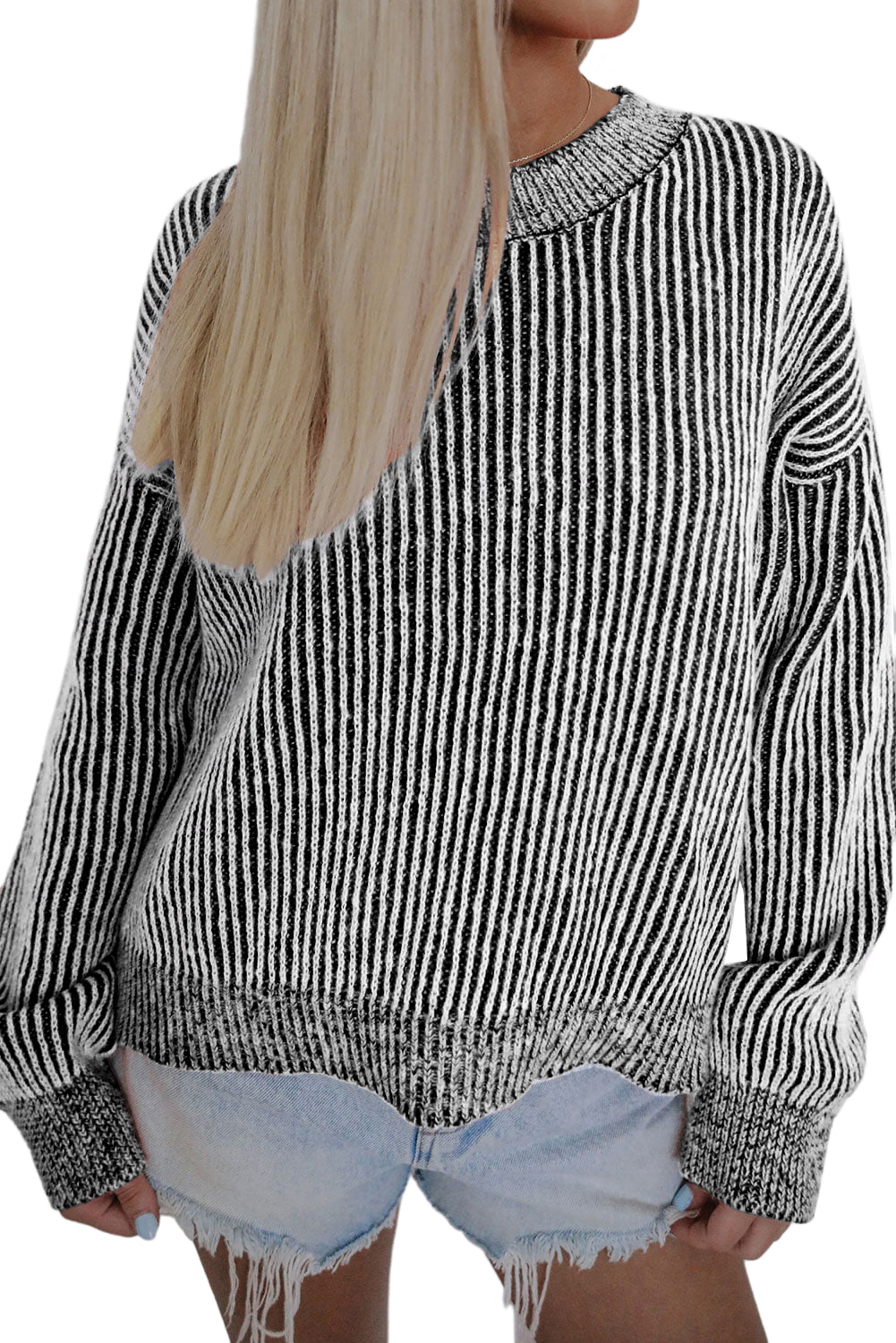 Black Stripe Ribbed Drop Shoulder Sweater