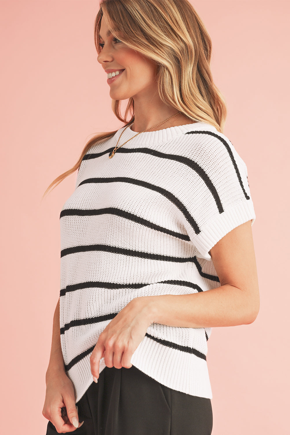 White Striped Pattern Batwing Short Sleeve Knit Sweater