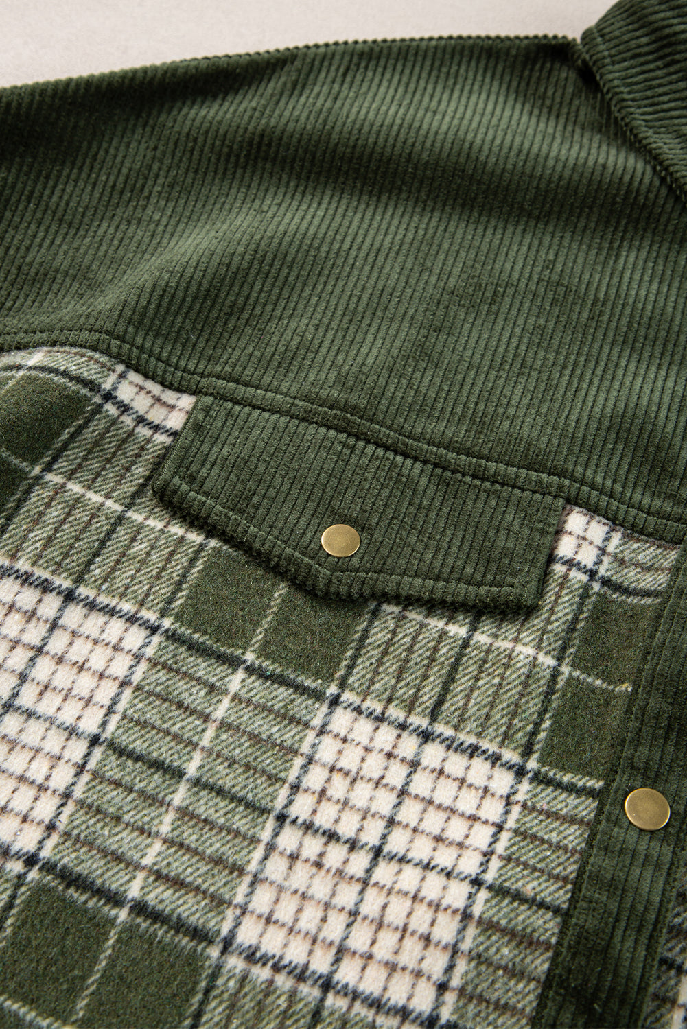 Blackish Green Snap Buttons Patchwork Plaid Shacket