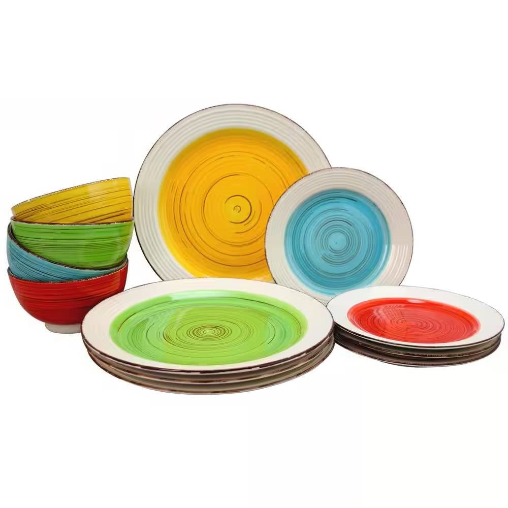 12-Piece Ceramic Dinnerware Set in Blue Red Yellow - Service for 4