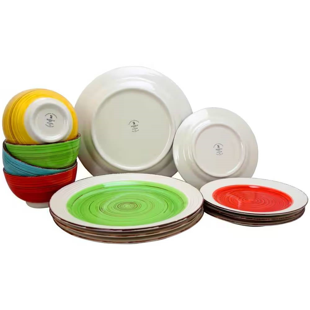 12-Piece Ceramic Dinnerware Set in Blue Red Yellow - Service for 4