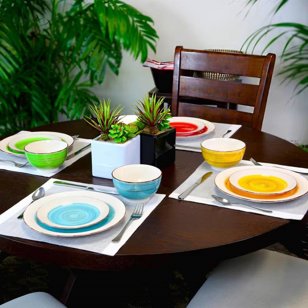 12-Piece Ceramic Dinnerware Set in Blue Red Yellow - Service for 4