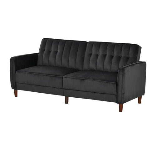 Mid-Century Modern Futon Sleeper Sofa Bed in Black Velvet Upholstery