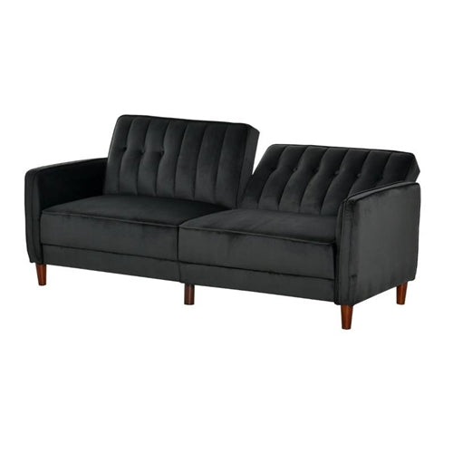 Mid-Century Modern Futon Sleeper Sofa Bed in Black Velvet Upholstery