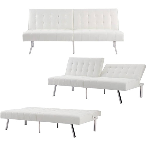 Mid-Century Modern Split Back Futon Sleep Sofa Bed in White Faux Leather