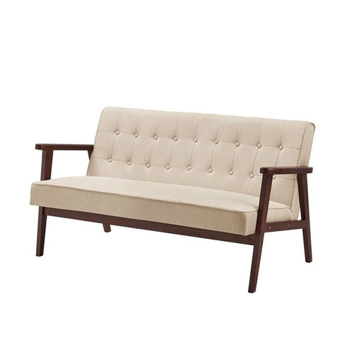 Mid-Century Modern Wood Frame Loveseat Sofa Couch with Beige Seat Back Cushion