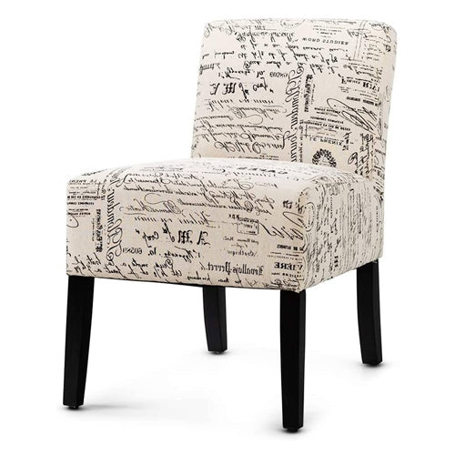 Modern Accent Chair Off-White French Cursive Pattern Upholstery with Black Wood Legs