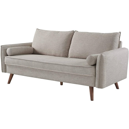 Modern Couch Beige Upholstered Sofa with with Mid-Century Style Wood Leg