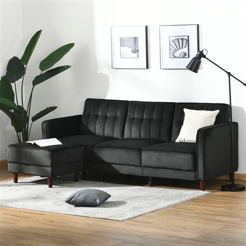 Modern Mid-Century Reversible L-Shaped Sectional Sleeper Sofa in Black Velvet