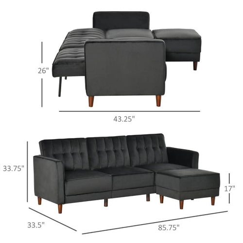 Modern Mid-Century Reversible L-Shaped Sectional Sleeper Sofa in Black Velvet