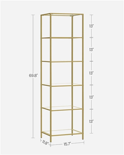 Narrow Glass Shelf Bookcase Bedroom Living Office Bath Storage Unit in Gold