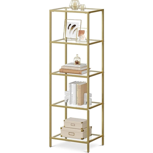 Narrow Gold Metal Frame Glass Shelves Shelving Unit Slim 4-Shelf Bookcase