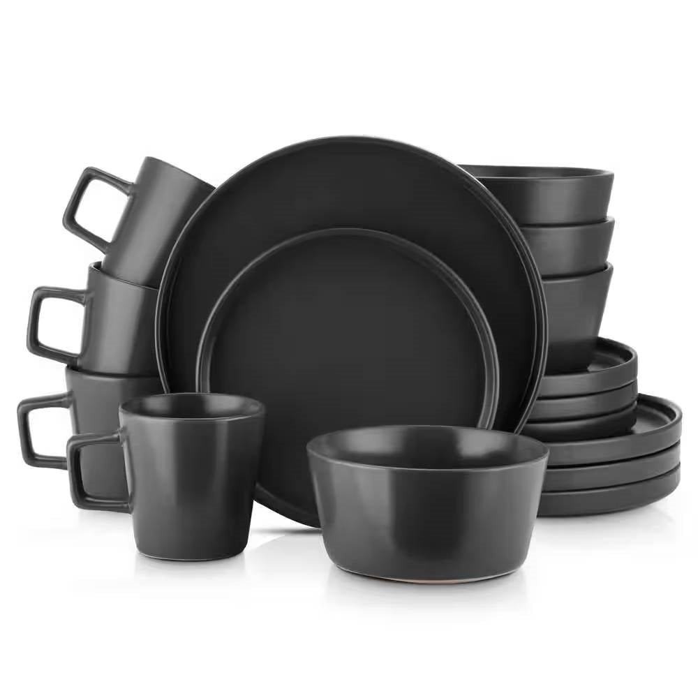 16-Piece Matte Black Stoneware Dinnerware Set - Service for 4