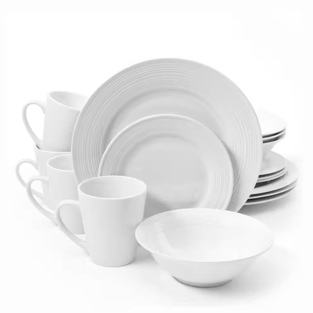 16-Piece White Ceramic Dinnerware Set with Bowls, Plates, and Mugs - Noble Court