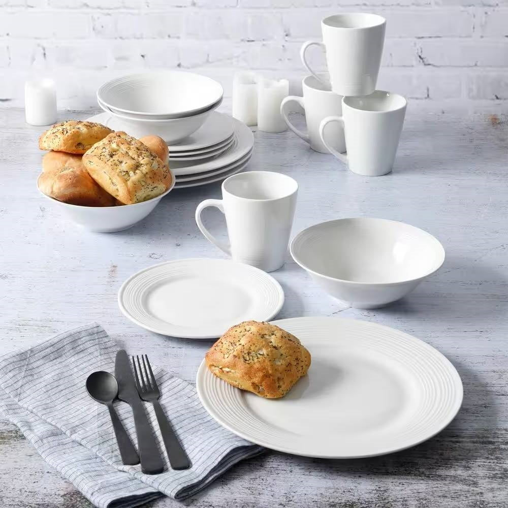 16-Piece White Ceramic Dinnerware Set with Bowls, Plates, and Mugs - Noble Court