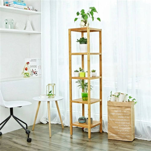 Slim 4-Shelf Natural Bamboo Wooden Shelving Unit Storage Rack Bookcase