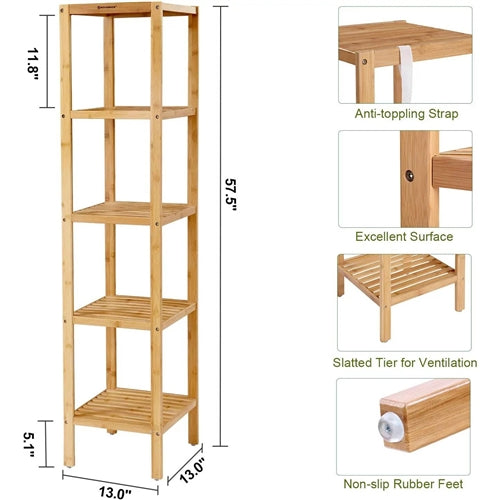 Slim 4-Shelf Natural Bamboo Wooden Shelving Unit Storage Rack Bookcase