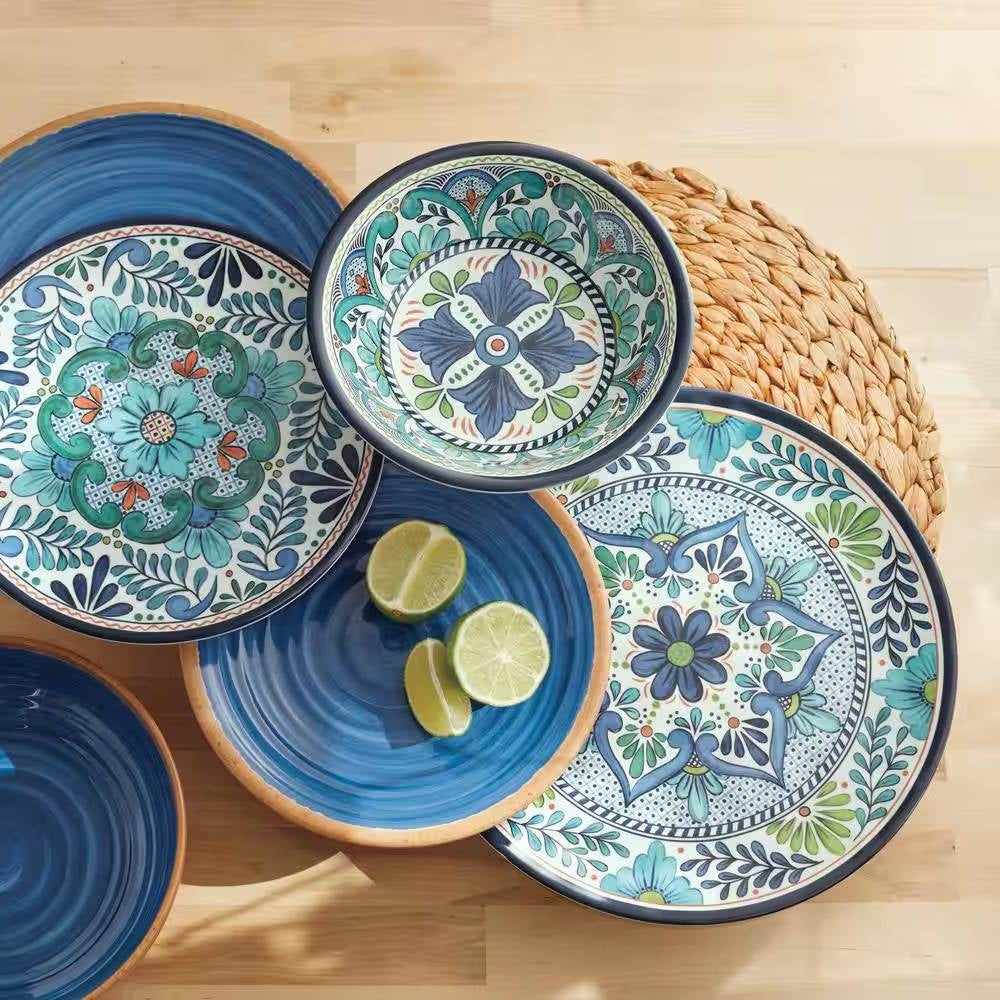 12-Piece Melamine Dinnerware Plates Bowls Set with Blue Floral Pattern