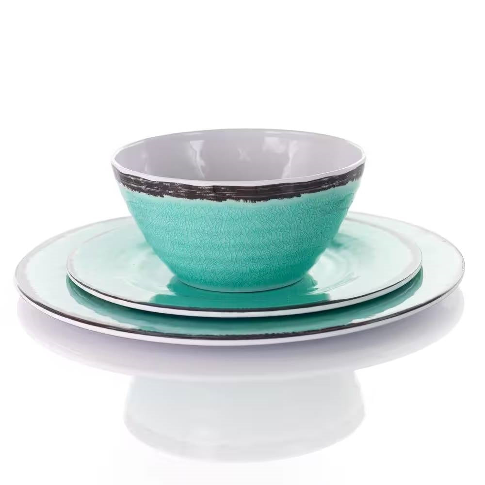 12-Piece Melamine Plates and Bowls Dinnerware Set in Turquoise Blue - Service for 4