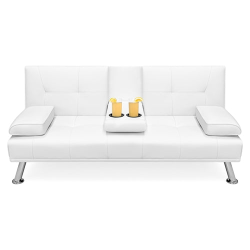 White Faux Leather Convertible Sofa Futon with 2 Cup Holders