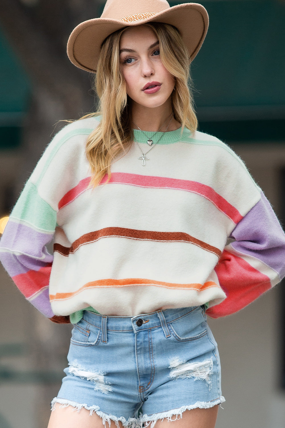 Multicolor Striped Print Drop Shoulder Pullover Crew Neck Sweater