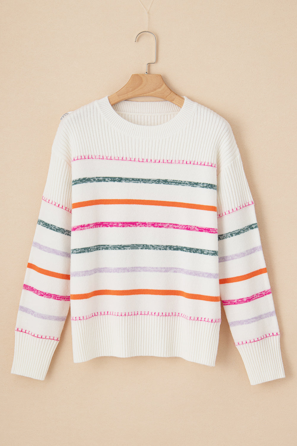 White Colorful Striped Ribbed Trim Round Neck Sweater