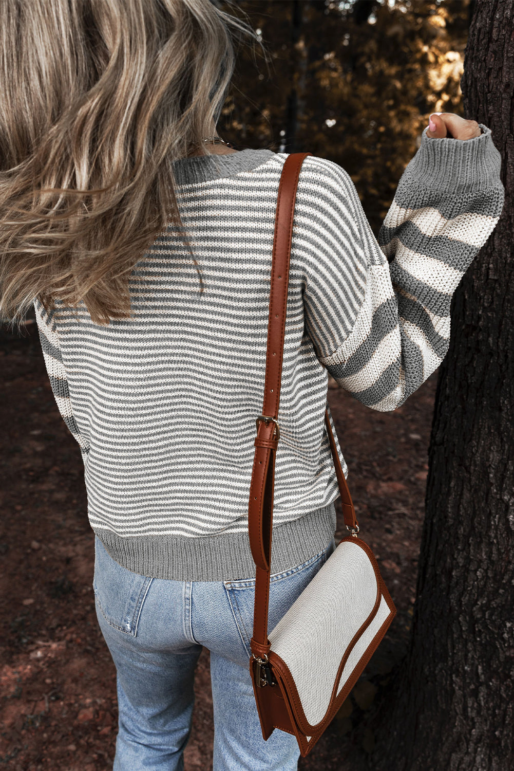 Gray Stripe Twisted Knitted Drop Shoulder Sweater