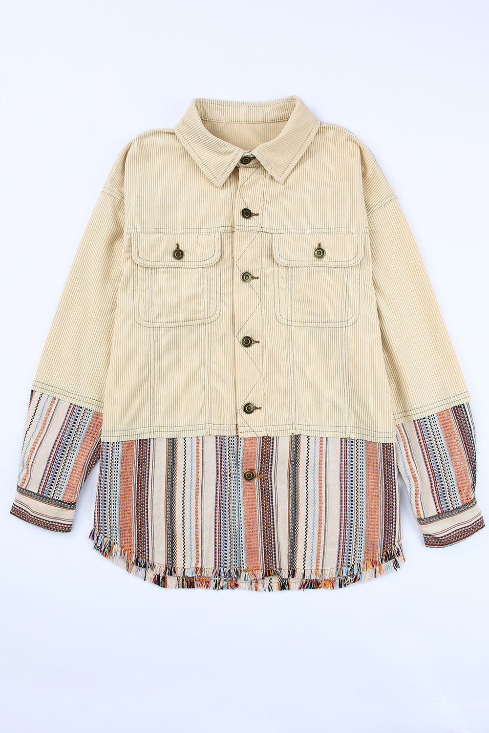 Beige Button Up Pockets Striped Color Block Corduroy Jacket