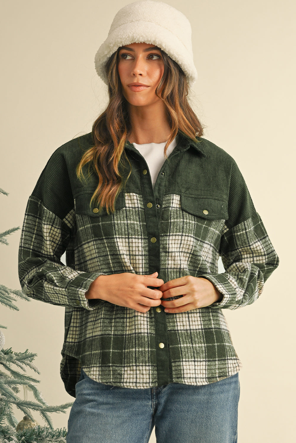 Blackish Green Snap Buttons Patchwork Plaid Shacket