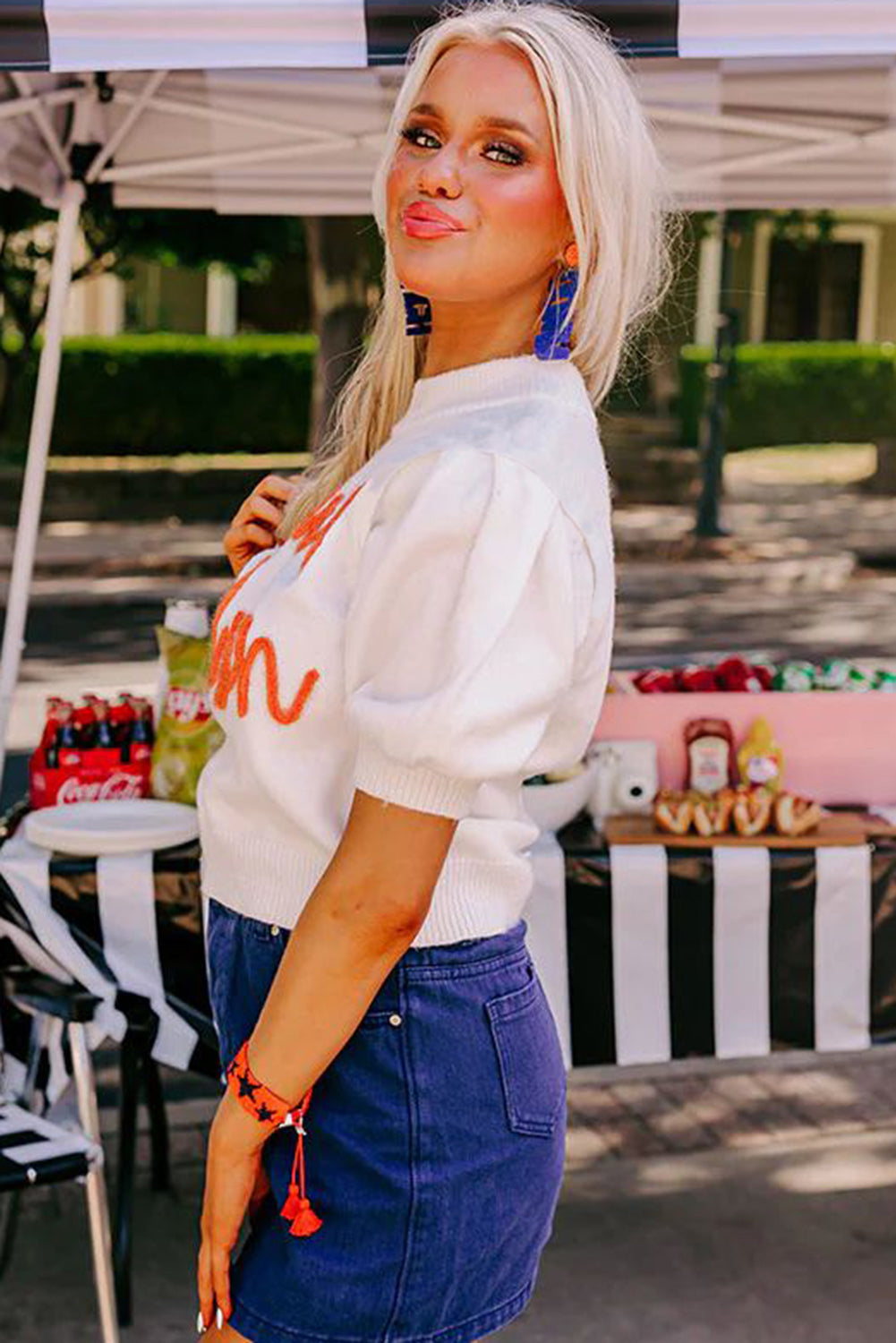 White Touchdown Tinsel Puff Short Sleeve Sweater