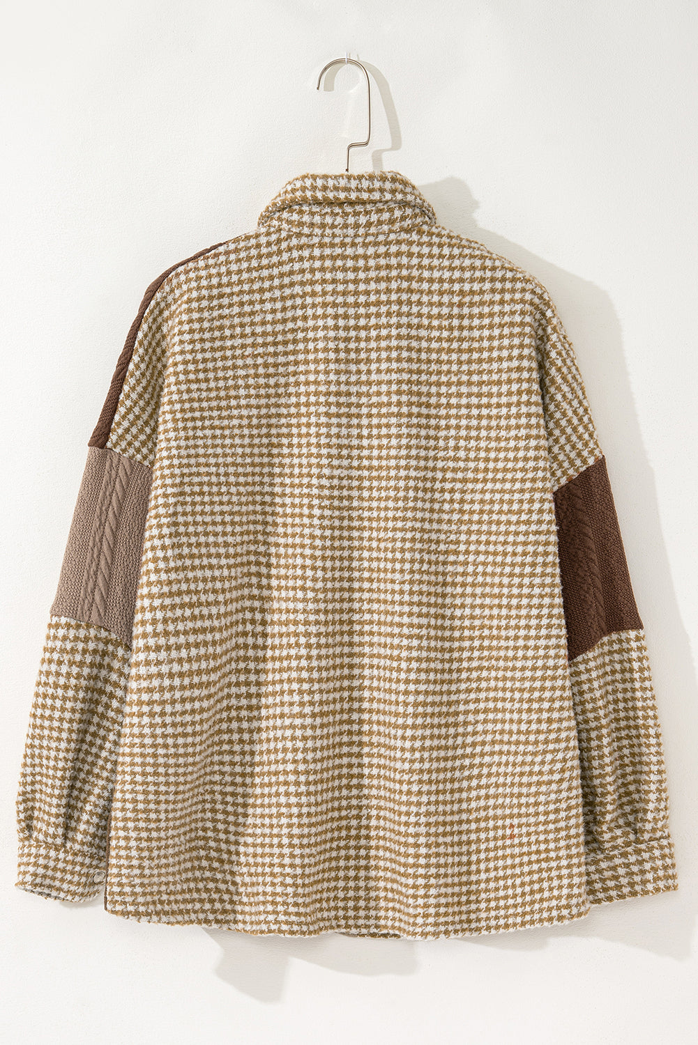 Khaki Houndstooth Textured Patchwork Loose Shacket