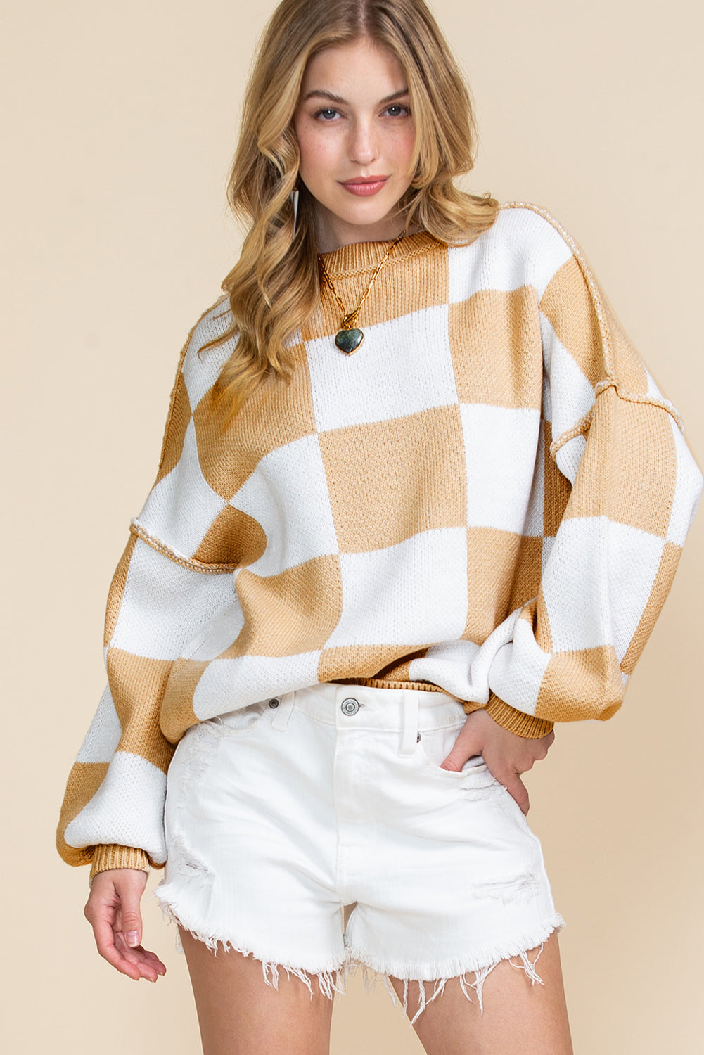 Orange & White Plaid Exposed Seam Bishop Sleeve Sweater