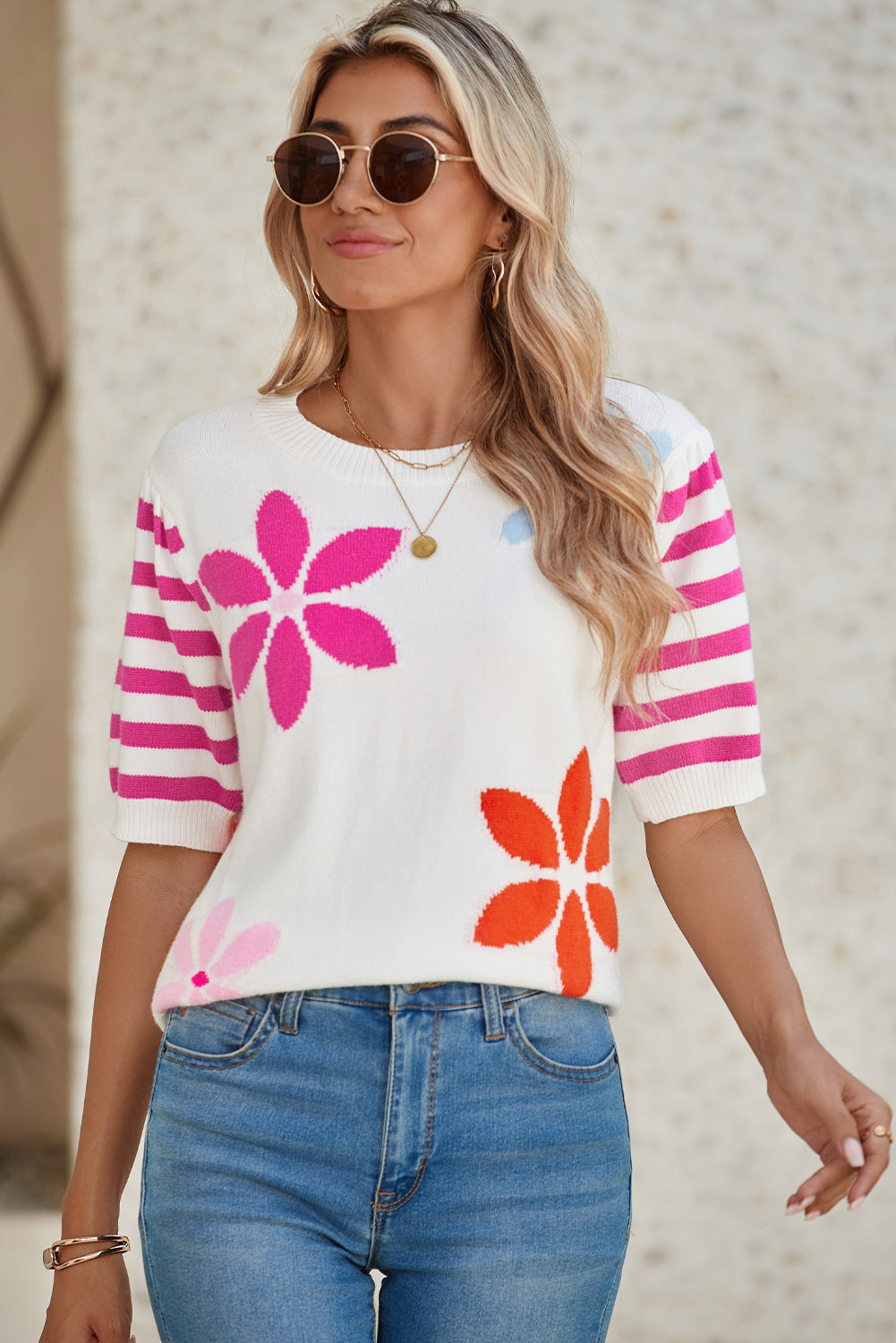 White Colorful Floral Print Striped Sleeve Knitted Tee