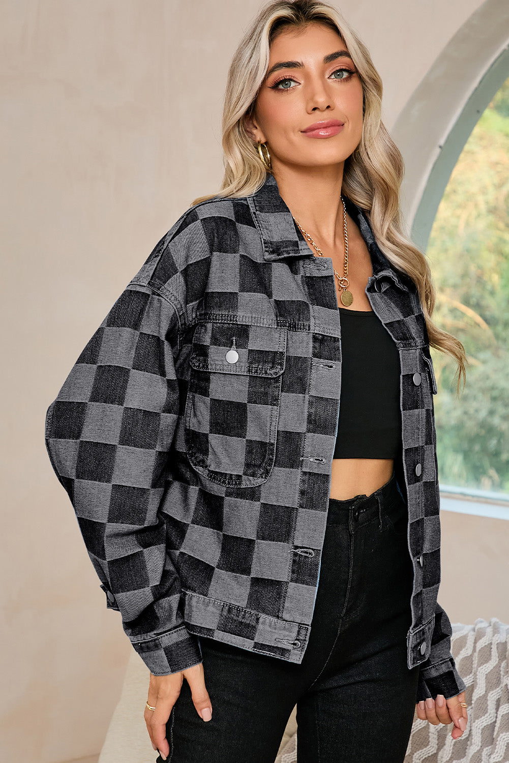 Black Checkered Patchwork Button Up Denim Jacket