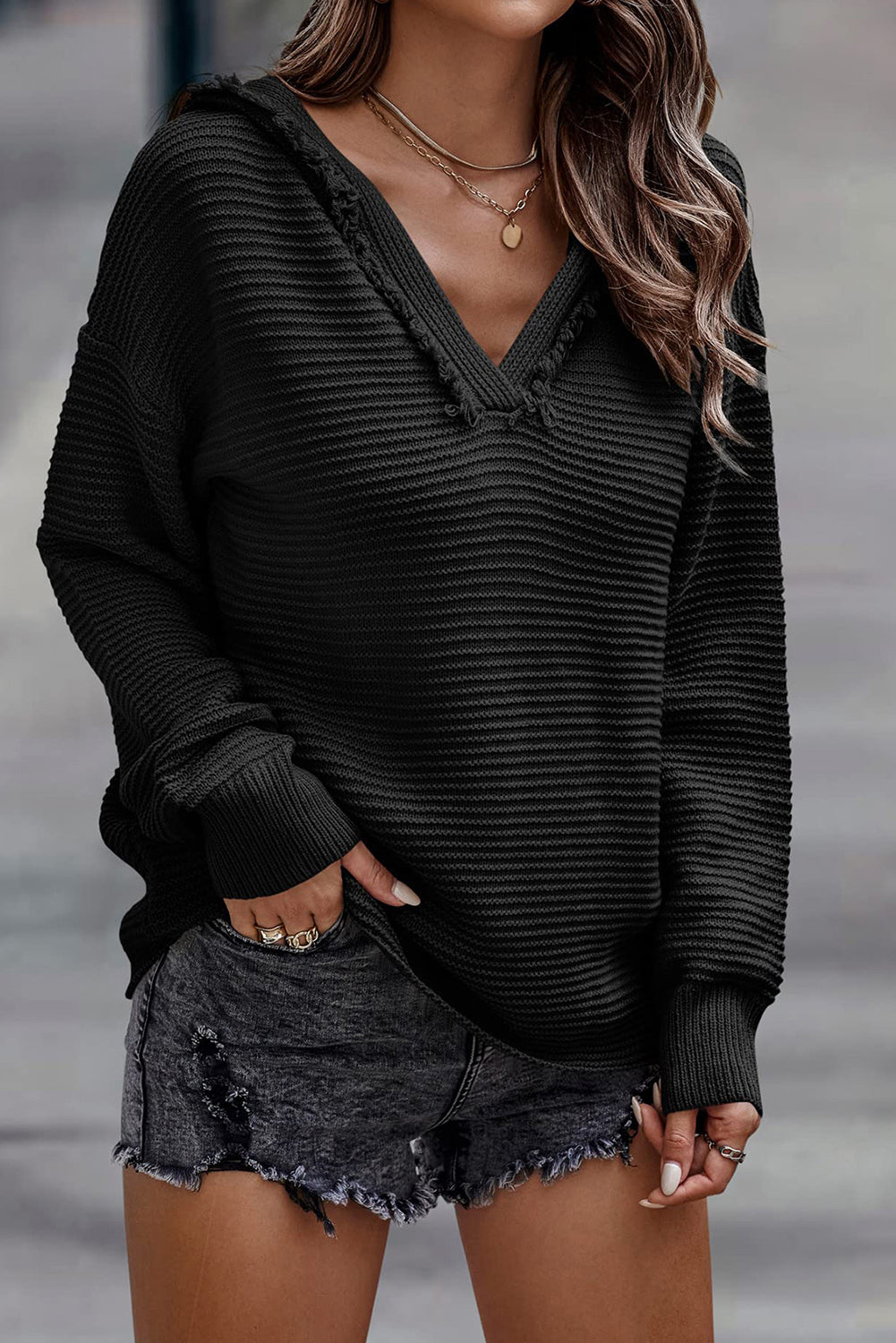 Grey Split V Neck Casual Knit Hooded Sweater