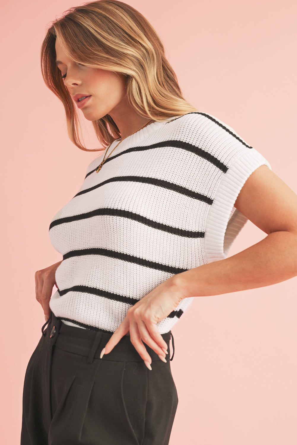 White Striped Pattern Batwing Short Sleeve Knit Sweater